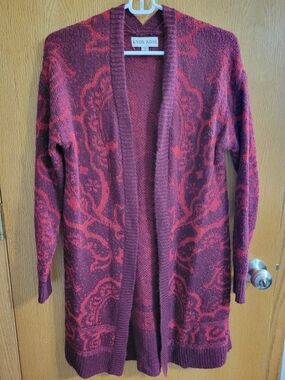 Knox Rose Burgundy & Red Patterned Open-Front Cardigan